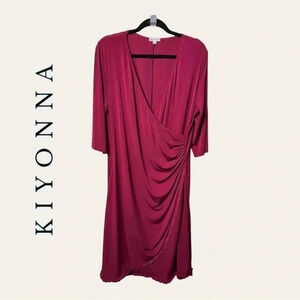 0457W. KIYONNA WRAP MIDI DRESS MAROON IN COLOR SIZE 1 (1X) RUFFLES 3/4 SLEEVES